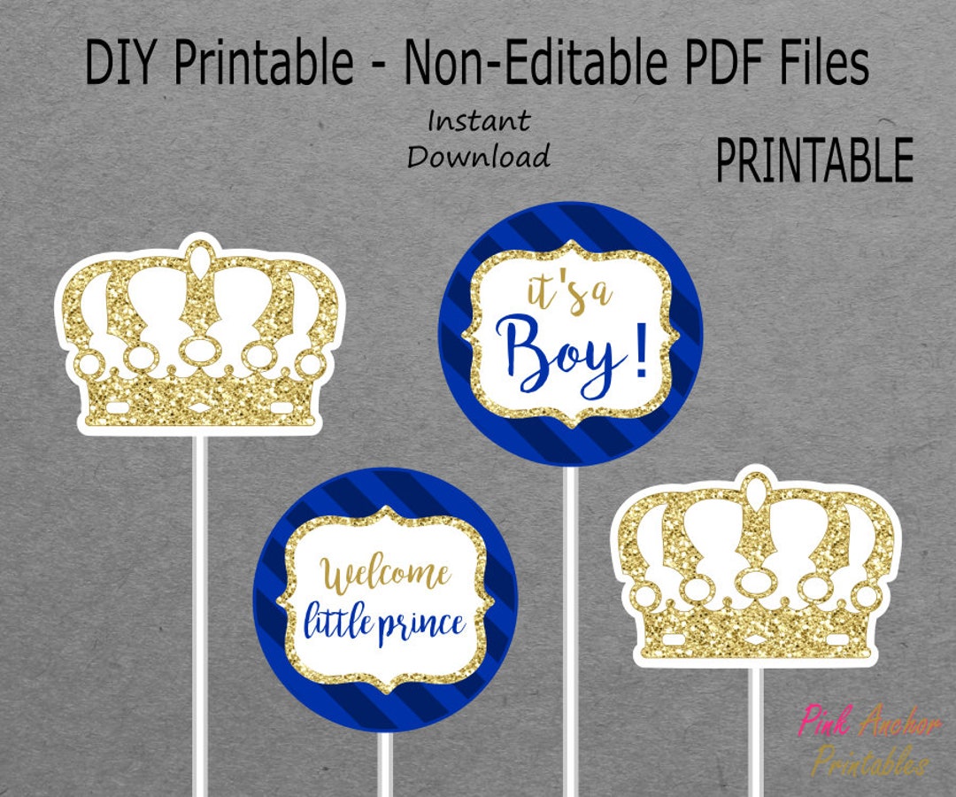 Printable Prince Centerpieces Boy Baby Shower - Blue & Gold - Royal