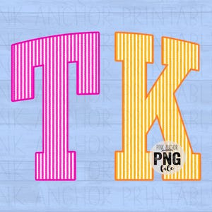 May include: The letters T and K in a varsity-style font with a vertical pinstripe pattern. The letter T is bright pink, and the letter K is bright yellow. A circular white badge with the black text PNG file is overlaid on the letter K.