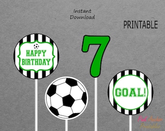 Printable Soccer Ball Centerpieces Boy 7th Birthday - Green & Black - 7 - PRINTABLE - INSTANT DOWNLOAD