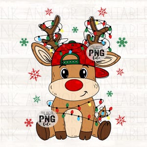 May include: A cartoon reindeer illustration wearing a red cap and Christmas lights. The reindeer has a large red nose and is surrounded by snowflakes. The image includes the text "PINK ANCHOR PNG file".