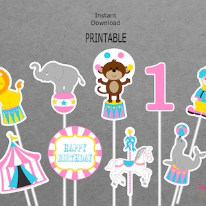 Printable Circus Centerpieces - Pink, Blue, Yellow - Carnival Birthday - Seal, Clown, Tent - 1st Birthday - 1 - PRINTABLE - INSTANT DOWNLOAD