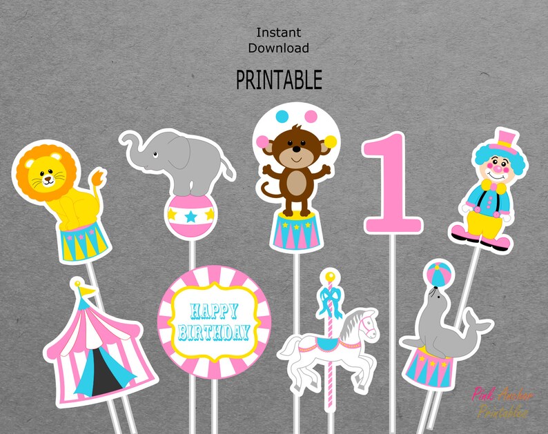 Printable Circus Centerpieces Pink Blue Yellow Carnival Birthday Seal Clown Tent 1st Birthday 1 PRINTABLE INSTANT DOWNLOAD
