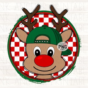 May include: A cartoon illustration of a reindeer wearing a green baseball cap, red nose, and brown antlers. The reindeer is set against a red and white checkered background, framed by a green and red border.