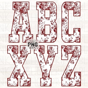 May include: Burgundy letters A, B, C, X, Y, and Z, each filled with a floral pattern of red roses and leaves on a white background. The letters are in a bold, block style, suitable for various craft projects.