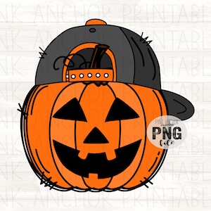 Puede incluir: Ilustración de dibujos animados de una calabaza de Halloween con una cara tallada, que lleva una gorra de béisbol negra. La calabaza es naranja con un contorno negro. La gorra tiene una visera curva y un pequeño botón naranja. El texto "PINK ANCHOR PNG file" está en un círculo.