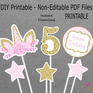 Printable Unicorn Centerpieces Girl 5th Birthday - Light Pink & Gold Glitter - 5 - PRINTABLE - INSTANT DOWNLOAD