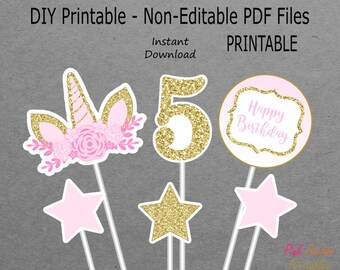 Printable Unicorn Centerpieces Girl 5th Birthday - Light Pink & Gold Glitter - 5 - PRINTABLE - INSTANT DOWNLOAD