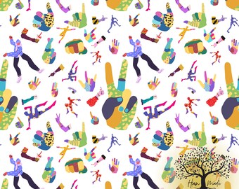 Könnte beinhalten: Ein farbenfrohes, abstraktes Muster mit Peace-Zeichen, Händen und Figuren in verschiedenen Posen. Der Hintergrund ist weiß und das Muster wiederholt sich nahtlos. Der Text "Hand Made by HHT" ist in der rechten unteren Ecke sichtbar.