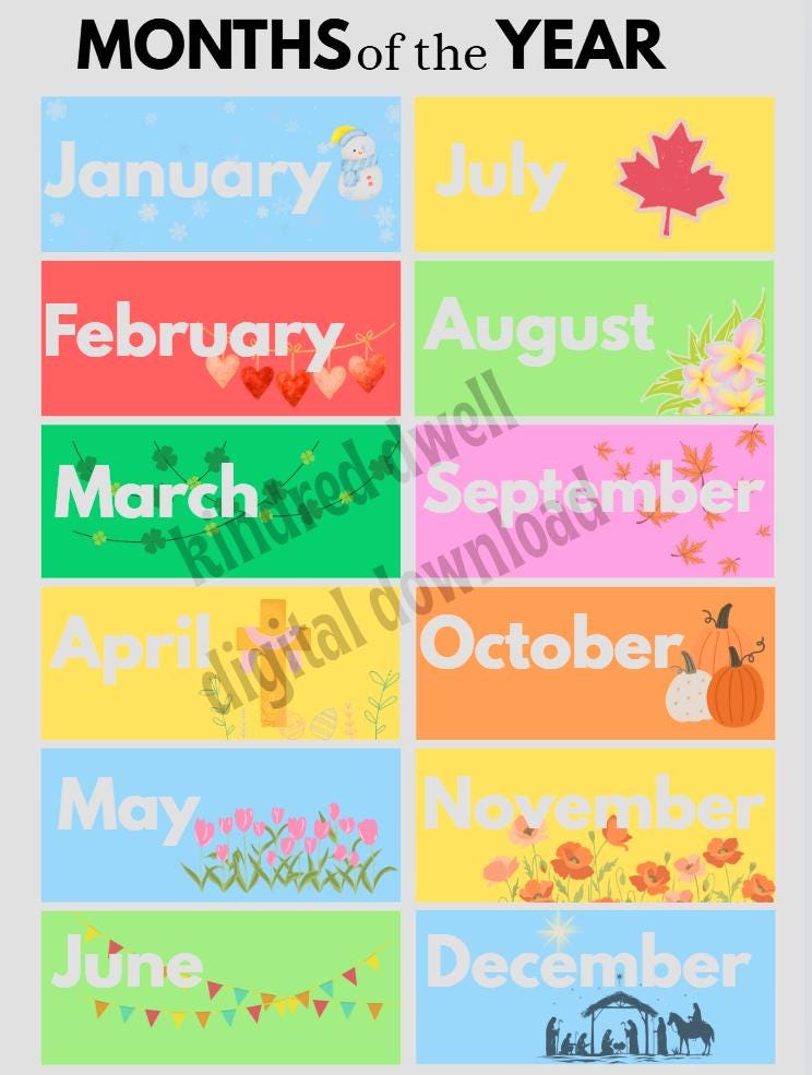Days of the Week Months Year Printable Learning Chart (digital Download ...