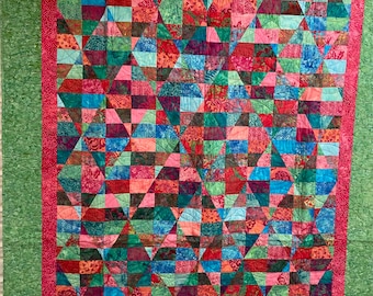Pink Quilt - Green Quilt - Quilt for Sale- Homemade Quilt- Modern Quilt- Gift- Multicolored Quilt- Throw Quilt- Batik Quilt- Geometric Quilt
