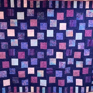 Purple Squares- Jinny Byer- Quilt for Sale- Batik Quilt- Gift- Throw Quilt- Homemade Quilt - Blue Quilt- Purple Quilt