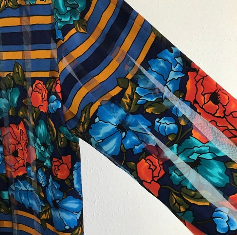 unique vintage piece sheer blue red orange green Bold floral vintage ls blouse spring trends