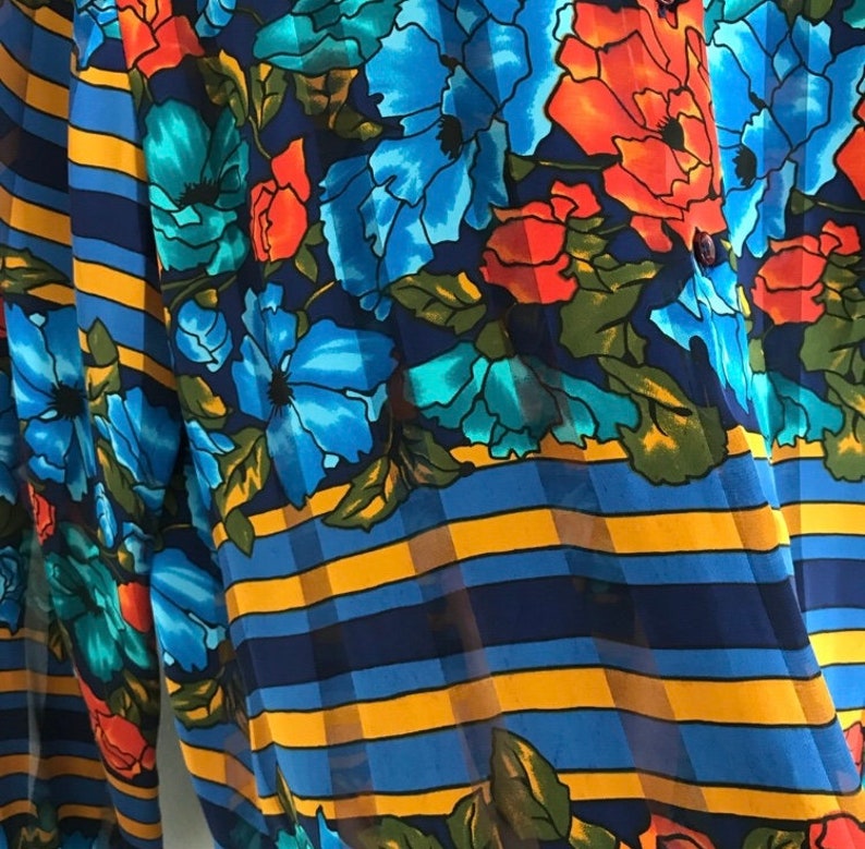 unique vintage piece sheer blue red orange green Bold floral vintage ls blouse spring trends