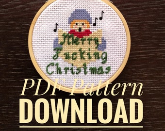 PDF Download pattern. Merry Fucking Christmas. Cross stitch ornament and bauble. Carolers. Snarky, silly, funny gift for the cranky friend.