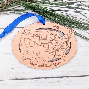 Custom Text and Cities US Map ornament, Road Trip Travel Ornament, long distance relationship, 50 state marathons