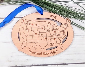 Custom Text and Cities US Map ornament, Road Trip Travel Ornament, long distance relationship, 50 state marathons