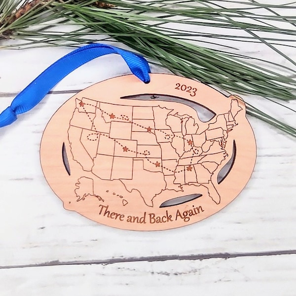 Custom Text and Cities US Map ornament, Road Trip Travel Ornament, long distance relationship, 50 state marathons