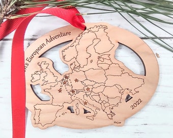 Custom Text and Cities European Map ornament, Road Trip Travel Ornament, Backpacking Adventure, Train travel, Eurail, Interrail Travel