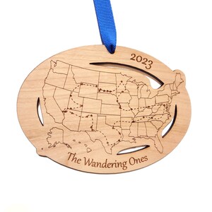 Custom Text and Cities US Map ornament, Road Trip Travel Ornament, long distance relationship, 50 state marathons image 2