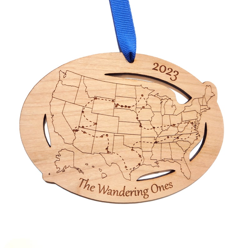 Custom Text and Cities US Map ornament, Road Trip Travel Ornament, long distance relationship, 50 state marathons image 2