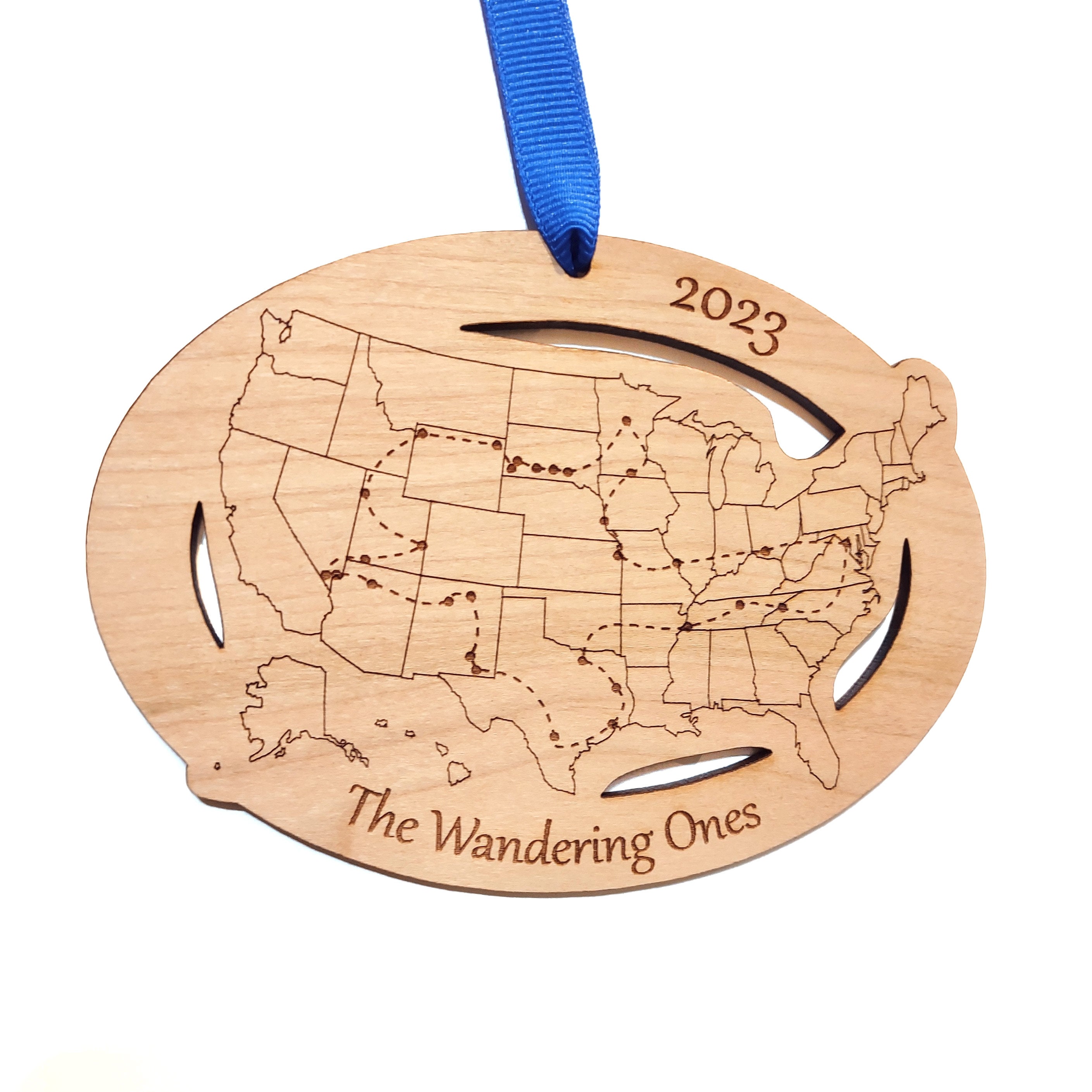 Custom Text and Cities US Map ornament, Road Trip Travel Ornament, long distance relationship, 50 state marathons
