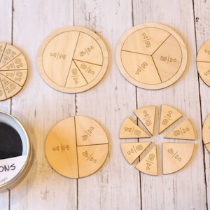 Puede incluir: Un conjunto de círculos de fracciones de madera en un contenedor de hojalata. Los círculos están divididos en diferentes fracciones, como 1/2, 1/3, 1/4, 1/5, 1/6, 1/8 y 1/10. El texto "FRACTIONS" está impreso en el contenedor de hojalata.