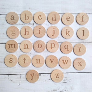 Discos de alfabeto en minúsculas, círculos de letras de madera, inglés, preescolar, jardín de infantes, azulejos, educación en el hogar, aprender a deletrear, ayuda para la lectura, escuela