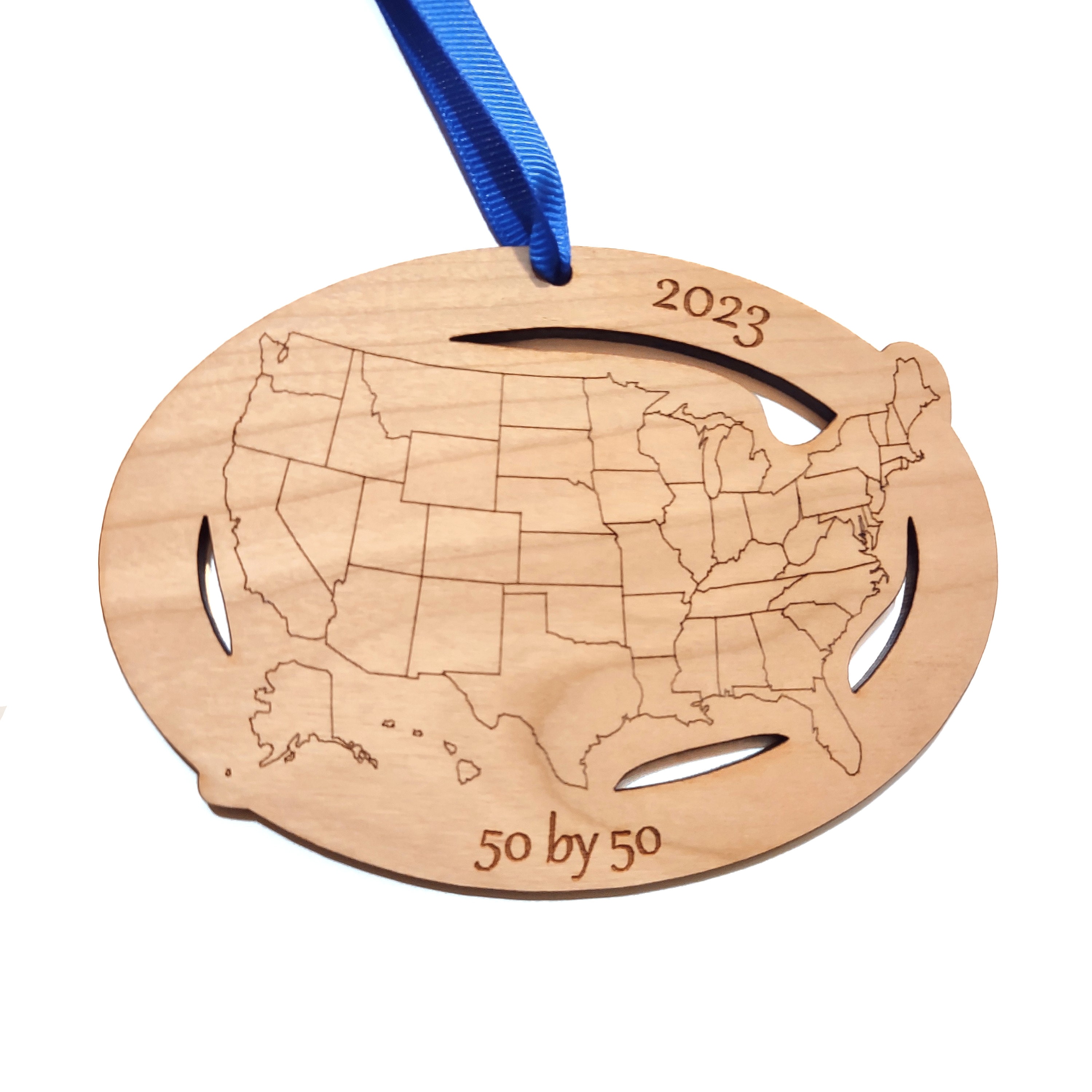 Custom Text and Cities US Map ornament, Road Trip Travel Ornament, long distance relationship, 50 state marathons