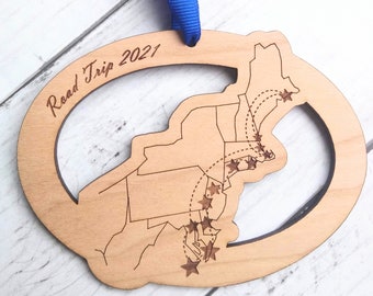 Custom Cities New England North East Map Ornament, US Travel Ornament, United States, Long Distance Relationship, Road Trip, Military Move