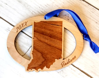 Indiana Wooden Map Ornament, Christmas, Customized, Personalized, Duty Station, Custom Ornament, NSWC Crane, Notre Dame, Indianapolis 500