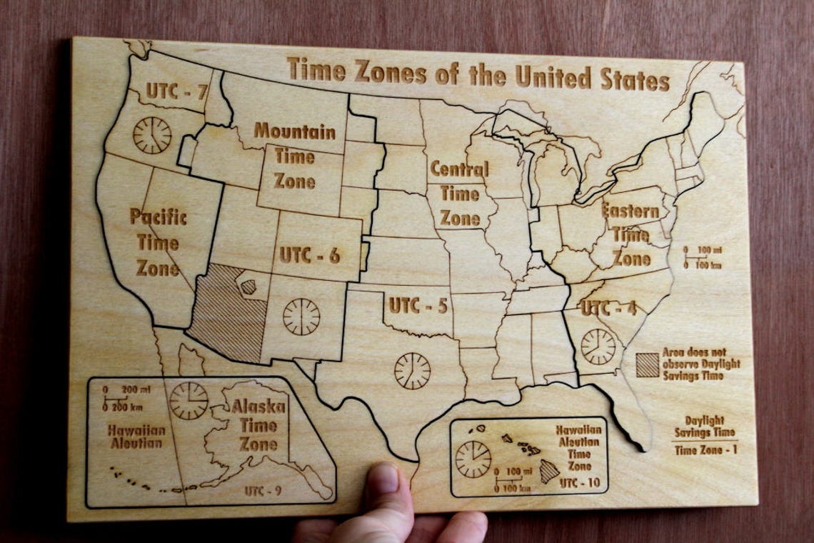 Us Time Zone Wooden Puzzle United States Map Geography Kids Etsy