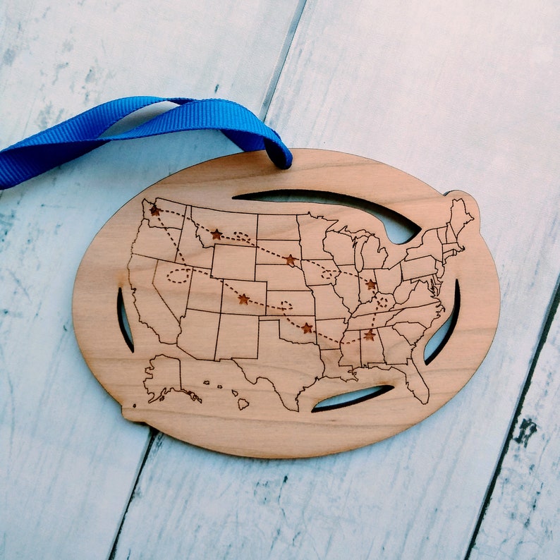 Custom Text and Cities US Map ornament, Road Trip Travel Ornament, long distance relationship, 50 state marathons image 8