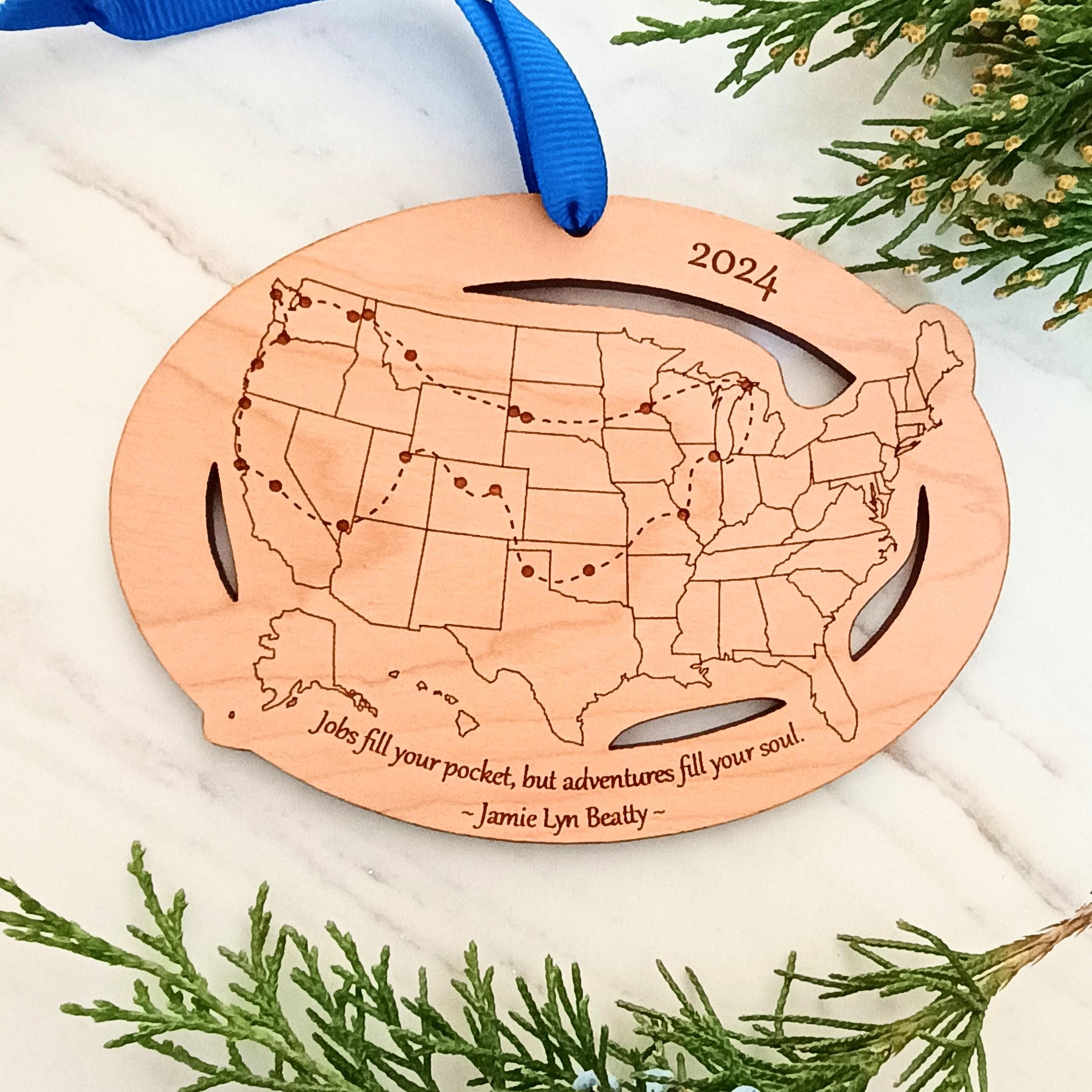 Custom Text and Cities US Map ornament, Road Trip Travel Ornament, long distance relationship, 50 state marathons