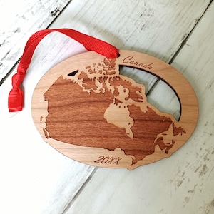Personalized Canada Map Wooden Ornament, Engraved Christmas Keepsake, The Great White North, Land of Maple Syrup, Victoria, Quebec, Ontario