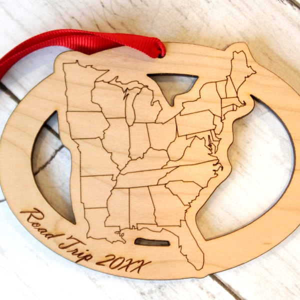 Custom Eastern US States Map Ornament, Travel Ornament, Road Trip, RV Trip, East Coast, Heartland, Great Plains, Florida, Military Move