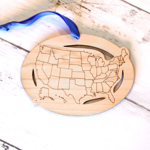 Custom Text and Cities US Map ornament, Road Trip Travel Ornament, long distance relationship, 50 state marathons Not Personalized