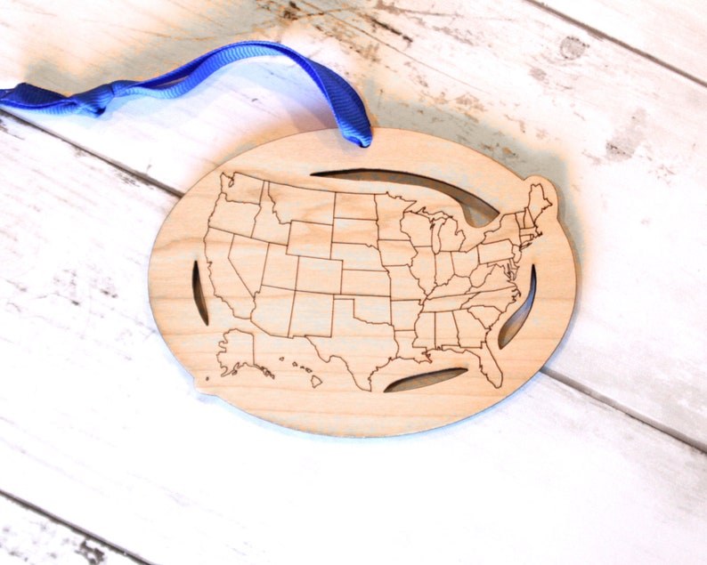 Custom Text and Cities US Map ornament, Road Trip Travel Ornament, long distance relationship, 50 state marathons Not Personalized