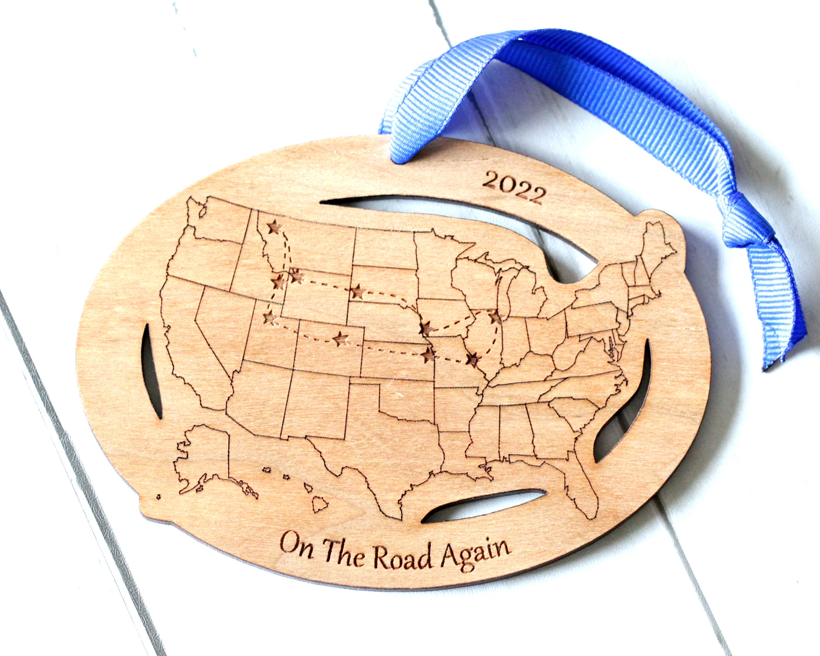 Custom Text and Cities US Map ornament, Road Trip Travel Ornament, long distance relationship, 50 state marathons