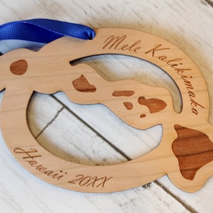 Hawaii Cherry Wood Christmas Ornament, Mele Kalikimaka, Oahu, Maui, Molokai, Kauai, Honolulu, Hawaiian Islands, Vacation