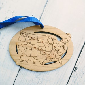 Custom Text and Cities US Map ornament, Road Trip Travel Ornament, long distance relationship, 50 state marathons Locations ONLY