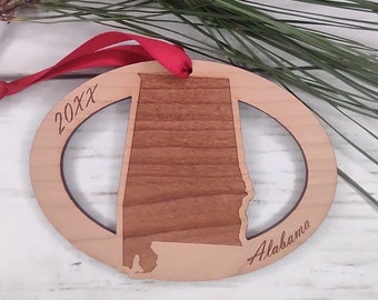 Alabama Annual Wooden Ornament, Christmas, Custom, Personalized, State Map Ornament, Huntsville, Crimson Tide, Mobile, Montgomery