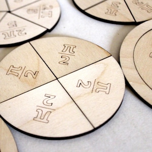 Puede incluir: Cuatro círculos de madera divididos en secciones con diferentes fracciones de pi escritas en ellos. Las fracciones son pi/2, pi/2, 2/pi y 2/pi.