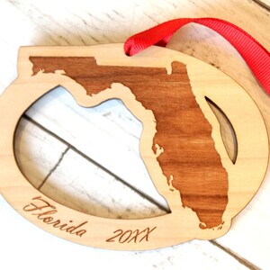 Jaarlijks houten kaartornament Florida, op maat, gepersonaliseerd, Cape Canaveral, Eglin AFB, NASA, Key West, NAS Pensacola, Jacksonville, Miami