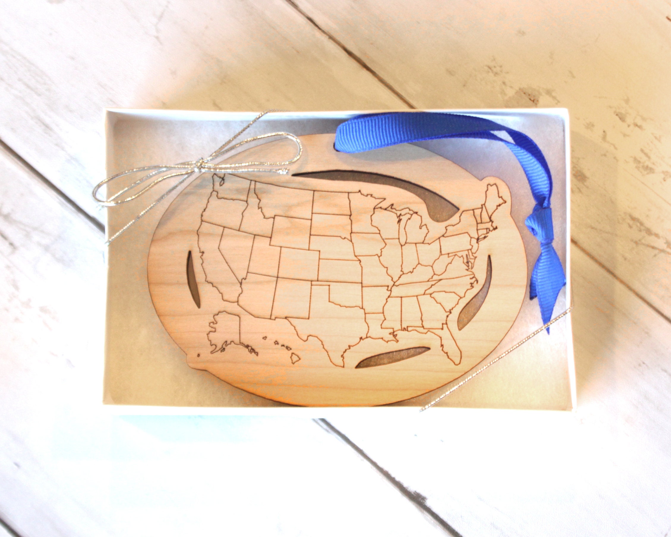 Custom Text and Cities US Map ornament, Road Trip Travel Ornament, long distance relationship, 50 state marathons