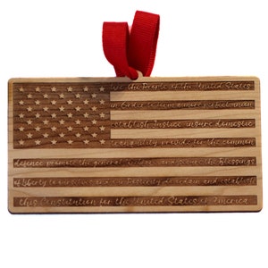 Laser-Engraved American Flag Ornament with Preamble Text - Patriotic, Christmas, Constitution, United States, Fourth of July, Memorial Day