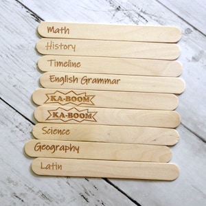 Kaboom Review Game, School, Homeschooling, Early Elementary, Math, Science, Geography, Montessori, Tongue Depressor, Timeline, Latin Ka-boom