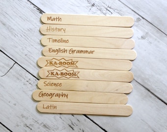 Kaboom Review Game, School, Homeschooling, Early Elementary, Math, Science, Geography, Montessori, Tongue Depressor, Timeline, Latin Ka-boom