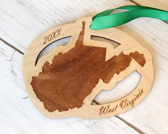 Houten ornament West Virginia, Kerstmis, aangepast, gepersonaliseerd, ornament staatskaart, Charleston, Harpers Ferry, Huntington, Fairmont