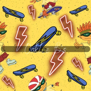 May include: A yellow background with a repeating pattern of cartoon characters skateboarding, lightning bolts, and skateboards. The characters are wearing various outfits and have different hairstyles. The skateboards are blue and yellow with lightning bolt designs.