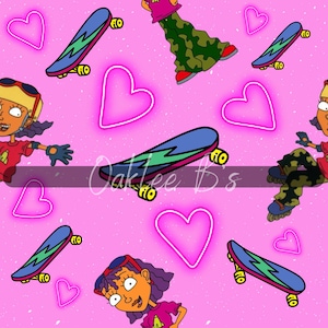 May include: A pink and white repeating pattern featuring a cartoon character with purple hair wearing a pink shirt and sunglasses, a skateboard, and neon pink hearts. The text "Oaklee B's" is visible in the image.